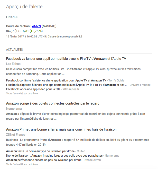 aperçu d’une alerte pour le site web amazon avec l’outil google alerts aperçu d’une alerte pour le site web amazon avec l’outil google alerts